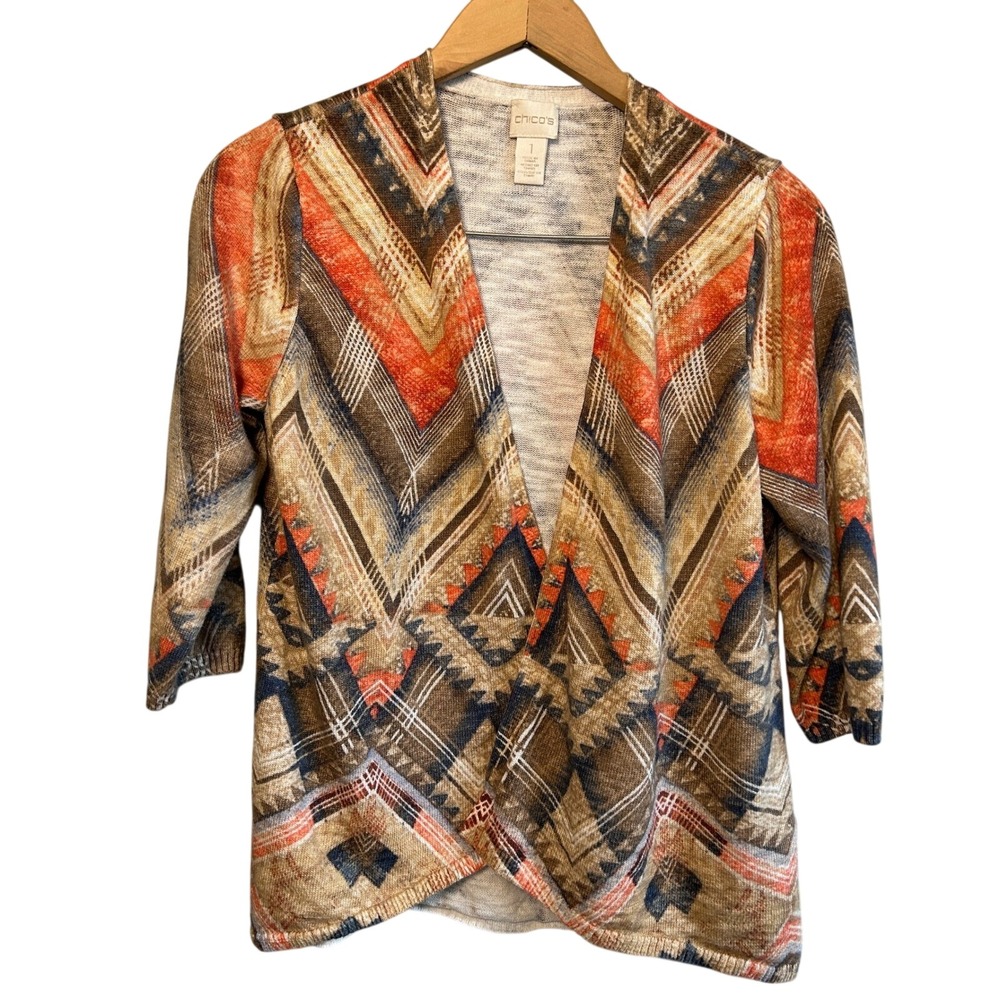 Chicos Sz 1 Southwestern Geometric Open Front Spring Cardigan Orange Brown Aztec